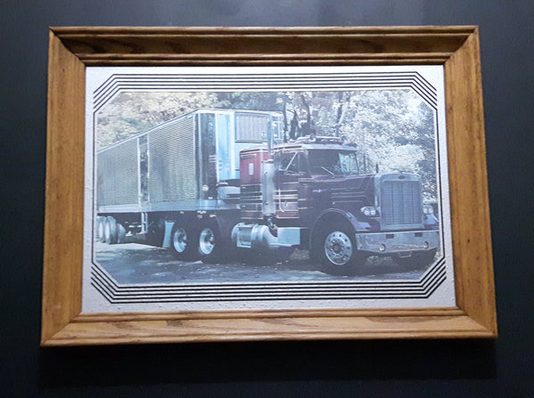 Rare Stamford Art Peterbilt Semi Tractor Truck with Thermo King Trailer Wood Framed Advertising Mirror Collectible