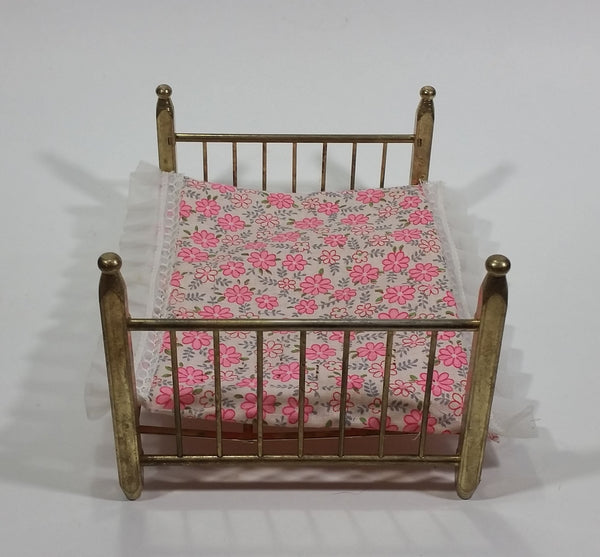 Vintage Brass Metal Doll House Bed Miniature With Thin Pink and White Mattress Made in Taiwan