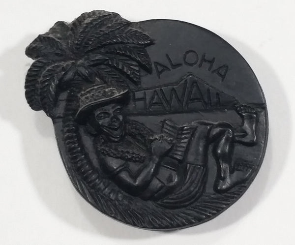 Vintage 1970s Coco Joes Aloha Hawaii Palm Tree Beach Lounging Black Plastic Fridge Magnet - Treasure Valley Antiques & Collectibles