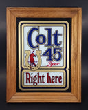 Vintage Stamford Art Colt 45 Beer Right Here Horse and Horseshoe Wooden Framed Advertising Mirror Sign Collectible - Treasure Valley Antiques & Collectibles