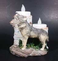 Wolves Lone Wolf Birch Tree Stumps Double Resin Candle Holder Wildlife Collectible - Treasure Valley Antiques & Collectibles