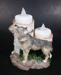 Wolves Lone Wolf Birch Tree Stumps Double Resin Candle Holder Wildlife Collectible - Treasure Valley Antiques & Collectibles