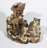 Wolf Wolves Sitting Near a Frozen Water Fall on Snow Covered Rocks Resin Sculpture Wildlife Collectible - Treasure Valley Antiques & Collectibles