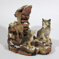 Wolf Wolves Sitting Near a Frozen Water Fall on Snow Covered Rocks Resin Sculpture Wildlife Collectible - Treasure Valley Antiques & Collectibles