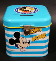 Rare Vintage 1970s Melody Disney Mickey Mouse "He Is The Super Hero" Blue and White Tin Metal Coin Bank