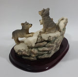 1987 Crosa The Canadian Rockies Wolf Pups Wolves Sitting and Playing Near Frozen Water Falls on Snow Covered Rocks Resin Sculpture Wildlife Collectible - Treasure Valley Antiques & Collectibles