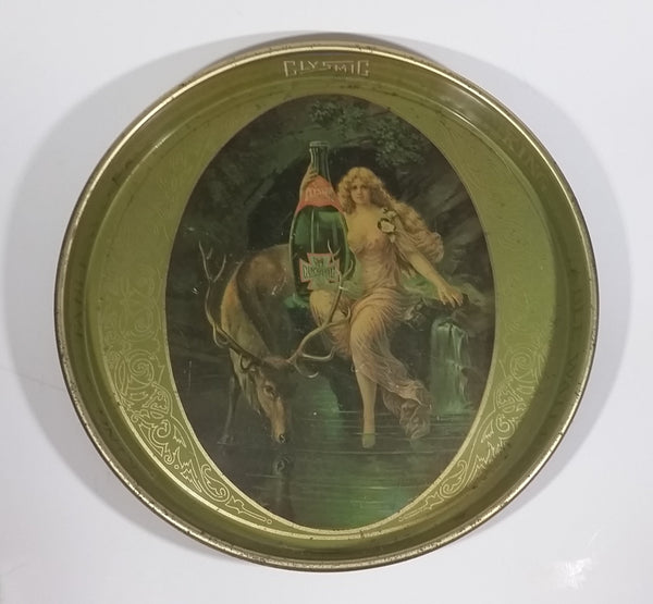 Vintage Clysmic King of Table Waters Partial Nude Victorian Nymph With Large Stag Deer Round 14" Metal Beverage Serving Tray - Treasure Valley Antiques & Collectibles