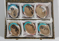 Vintage Set of 6 Hand Painted Miniature Chinese Colored Clay Mud Opera Masks In Light Brown Patterned Hinged Silk Lined Box