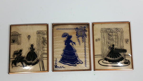 Set of 3 Vintage Victorian Parlour Styled Black and Blue Pictures in Small Bowed Glass Metal Edged Framed Art - Treasure Valley Antiques & Collectibles