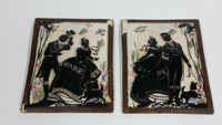 Set of 2 Vintage Victorian Couple Black Silhouette with Colorful Background Pictures in Small Bowed Glass Leather Edged Framed Art - Treasure Valley Antiques & Collectibles