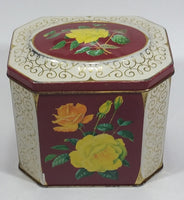 Vintage Mid-Century Riley's Variety Toffee Yellow and Orange Floral Red Burgundy with Gold Motif on Cream White Hinged Metal Tin Container - Treasure Valley Antiques & Collectibles