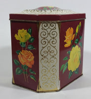 Vintage Mid-Century Riley's Variety Toffee Yellow and Orange Floral Red Burgundy with Gold Motif on Cream White Hinged Metal Tin Container - Treasure Valley Antiques & Collectibles