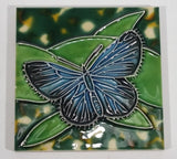 Very Pretty Blue Butterfly on Green Leaves High Gloss 4" x 4" Ceramic Trivet Wall Hanging - Treasure Valley Antiques & Collectibles