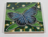 Very Pretty Blue Butterfly on Green Leaves High Gloss 4" x 4" Ceramic Trivet Wall Hanging