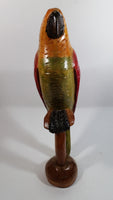 Vintage Hand Carved Wooden Parrot Perched on a Stand Sculpture