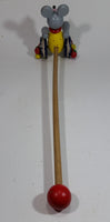 1960s Wooden Mouse Toy on Wheels Push Pull Stick Walking Play Wood Rolling Balls