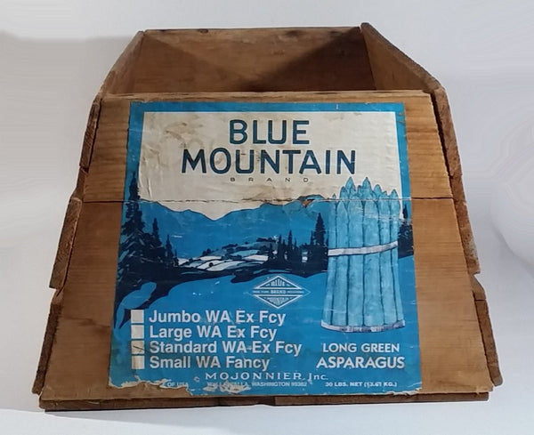 Vintage Early Mojonnier Inc Blue Mountain Brand Long Green Asparagus Vegetable Wooden Food Crate Walla Walla, Washington