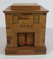 Vintage Wooden Brick Style Bank Building Wood Trick Coin Bank with Secret Compartment