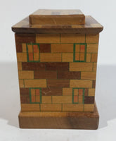 Vintage Wooden Brick Style Bank Building Wood Trick Coin Bank with Secret Compartment