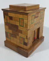 Vintage Wooden Brick Style Bank Building Wood Trick Coin Bank with Secret Compartment