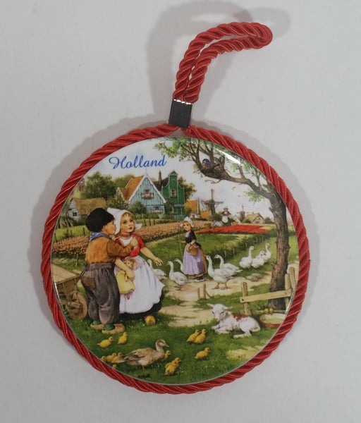 Holland Children Kids with Birds and Farm Animals Round Ceramic Tile Outlined in Red Rope and Cork Backing - Treasure Valley Antiques & Collectibles