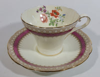 Antique c. 1934 Aynsley Bone China Maroon Red and Gold Floral Tea Cup & Saucer Set - Rare Mixed Flower Pattern