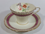 Antique c. 1934 Aynsley Bone China Maroon Red and Gold Floral Tea Cup & Saucer Set - Rare Mixed Flower Pattern