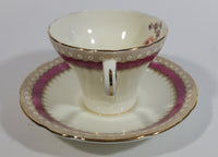 Antique c. 1934 Aynsley Bone China Maroon Red and Gold Floral Tea Cup & Saucer Set - Rare Mixed Flower Pattern