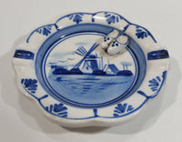 Vintage Very Cute Delfts Blue Hand Painted Windmill Decor Ceramic Ash Tray with Tiny Shoe Clogs Attached