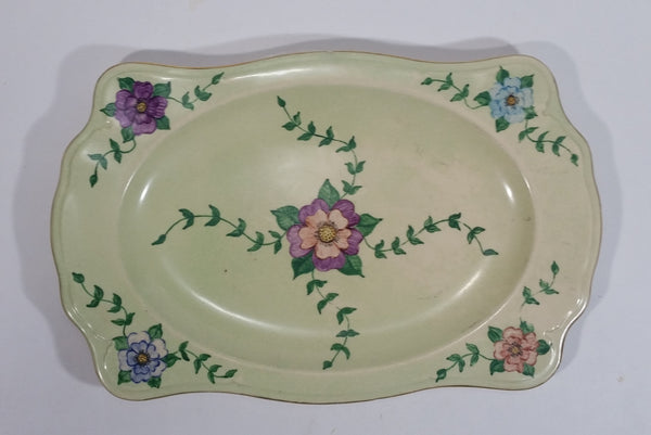 Beautiful 1954 Johnson Bros. Hand Painted Victorian Pattern Light Green with Pink, Purple, Blue Flowers Fine China Serving Platter - Signed J. Greenhow