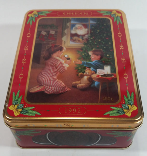 1992 Oreo Cookies Sweets Christmas Santa Claus Themed Tin Metal Container Collectible - Treasure Valley Antiques & Collectibles