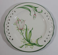 Brunelli Pink Tulip Flower Themed White and Green Rimmed Pottery Ceramic Plate Made in Italy - Treasure Valley Antiques & Collectibles