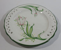 Brunelli Pink Tulip Flower Themed White and Green Rimmed Pottery Ceramic Plate Made in Italy