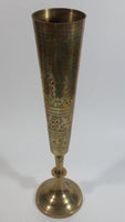 Vintage Hand Engraved Painted Red Green Floral Decor Brass 12" Tall Flower Bud Vase