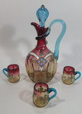 Antique Colored Art Glass Enamel Hand Painted Cruet Decanter With Stopper and 3 Glass Cups