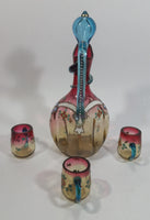 Antique Colored Art Glass Enamel Hand Painted Cruet Decanter With Stopper and 3 Glass Cups