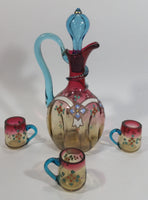 Antique Colored Art Glass Enamel Hand Painted Cruet Decanter With Stopper and 3 Glass Cups - Treasure Valley Antiques & Collectibles
