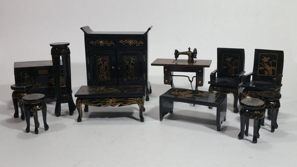 Vintage Japanese Hina Black Lacquered Hand Made Hand Painted Miniature Wood Doll Furniture Lot of 12 Pieces - Treasure Valley Antiques & Collectibles