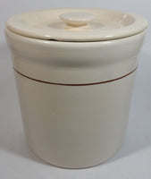 Cream White with Thin Brown Stripe 6 1/2" Tall Ceramic Crock Pot with Lid