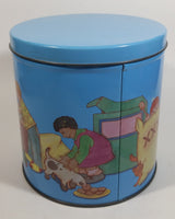 Cute Vintage Children Playing Chef and Baker with Ingredients Blue Tin Metal Canister