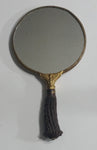 Antique Ornate Brass Metal Framed Faux Antler Bone Handle Handheld Mirror with Old Photograph of a Couple On The Back