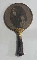 Antique Ornate Brass Metal Framed Faux Antler Bone Handle Handheld Mirror with Old Photograph of a Couple On The Back