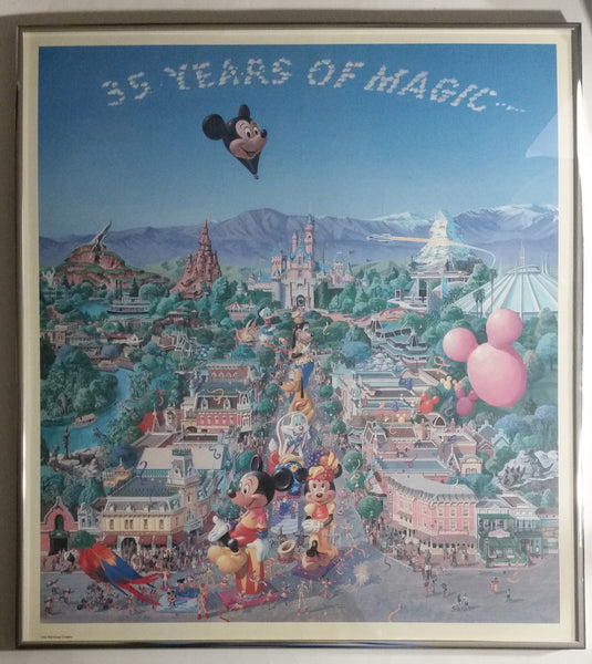 1990 Disneyland Anniversary "35 Years of Magic" Framed 21 3/4" x 19 1/2" Art Print Poster By Charles Boyer - Includes 2 Dated Tickets