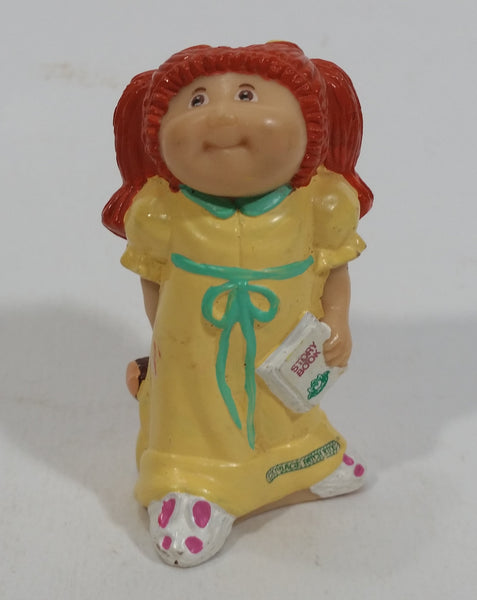 Rare Vintage 1984 O.A.A. Inc Cabbage Patch Kids Dolls Red Hair Yellow Dress Holding Brown Teddy Bear and Story Book PVC Toy Figure Made in Hong Kong
