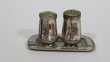 Vintage Mother of Pearl and Metal Salt and Pepper Shakers with Tray