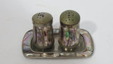 Vintage Mother of Pearl and Metal Salt and Pepper Shakers with Tray