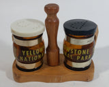 Vintage Yellowstone National Park Glass and Wooden Beer Stein Shaped Salt & Pepper Shakers With Holder Souvenir Travel Tourism Collectible