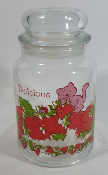 Vintage 1980 American Greetings Strawberry Shortcake's Pink Kitty Cat Pet Crawling On Strawberries 'Delicious' 7" Tall Glass Jar with Lid