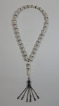 Mother of Pearl Banded Wrapped White Bead Necklace With Hanging Metal Chained Heart Charms