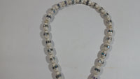 Mother of Pearl Banded Wrapped White Bead Necklace With Hanging Metal Chained Heart Charms